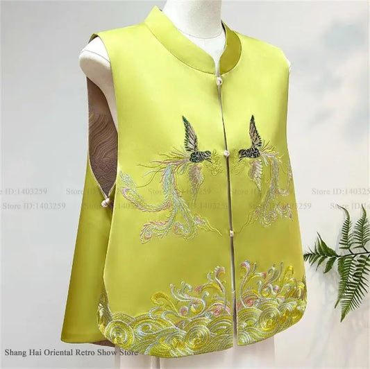 New Chinese Style Tang Clothes Women Tops Jacquard Embroidery Phoenix Qipao Vest Outwear Vintage Hanfu Waistcoat Jacket Big Size