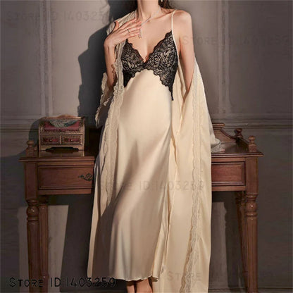 Sexy Female Long Robe Nightgown Set Kimono Bathrobe Gown Patchwork Lace Suspender Night Dress Sleepwear Loose Satin Homewear