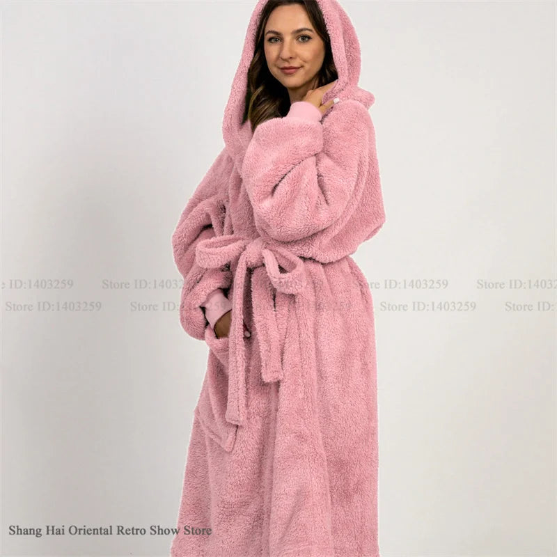 Thicken Coral Fleece Mens Hooded Long Robe Sleepwear Autumn Winter New Nightwear Homewear Loose Casual Flannel Loungewear Pajama