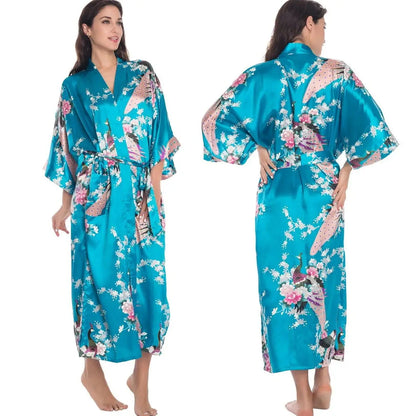 Female Long Robe Chinese Style Print Flower Sleepwear Nightgown Half Sleeve Kimono Bathrobe Gown Loose Casual Satin Home Wear