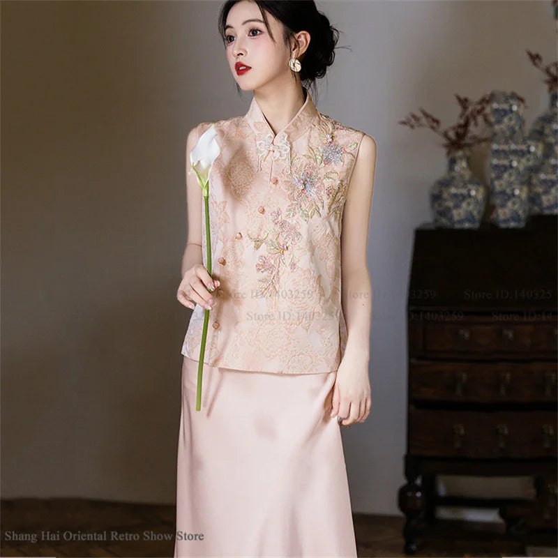 New Chinese Style Women Costume Vest Qipao Set Retro Jacquard Embroidery Tang Costume Silky Satin Waistcoat Dress Evening Dress