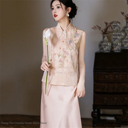 New Chinese Style Women Costume Vest Qipao Set Retro Jacquard Embroidery Tang Costume Silky Satin Waistcoat Dress Evening Dress