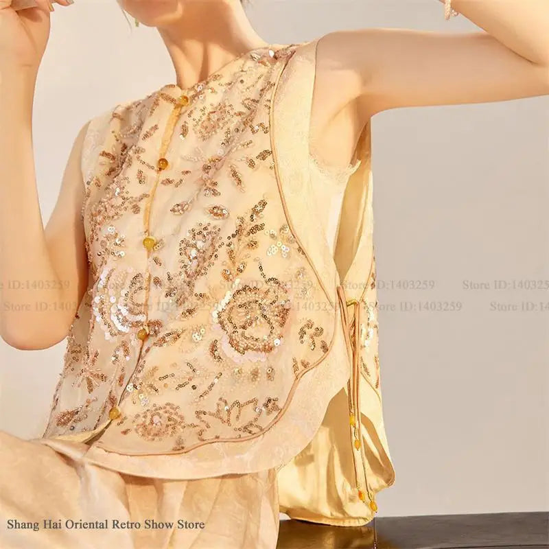 New Chinese Style Women Vest Traditional Tang Clothes Qipao Tops Luxury Sequin Bead Waistcoat Jacket Sexy Sleeveless Blouse Coat