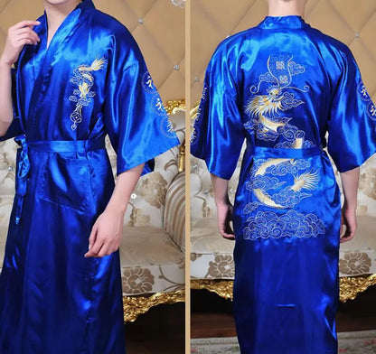 Embroider Dragon Kimono Bathrobe Gown Chinese Style Robe Classical Man Homewear Long Satin Nightgown Loose Sleepwear Loungewear