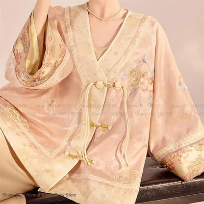 Chinese Style Tang Clothes Jacquard Embroidery Hanfu Cardigan Coat Retro V-Neck Qipao Top Jacket Spring Summer Women's Outwear