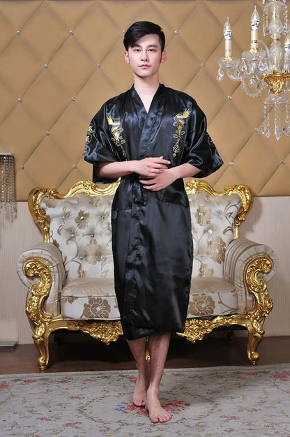 Embroider Dragon Kimono Bathrobe Gown Chinese Style Robe Classical Man Homewear Long Satin Nightgown Loose Sleepwear Loungewear