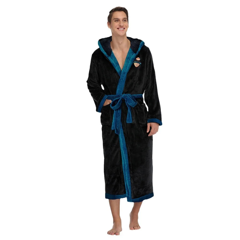 Men's Flannel Home Clothes Kimono Bathrobe Gown Winter Long Coral Fleece Hooded Robe Thicken Loose Casual Sleepwear Lounge Wear