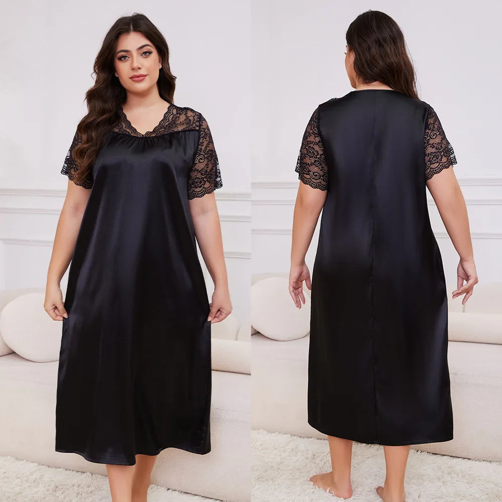 Large Size 3XL 4XL 5XL Long Nightgown Spring Summer New Female Sleepwear Loungewear Sexy Frill Lace Nightdress Ice Silk Homewear