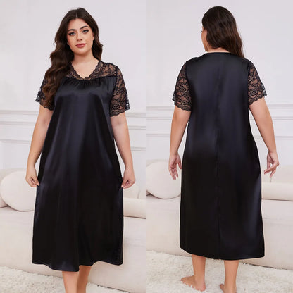 Large Size 3XL 4XL 5XL Long Nightgown Spring Summer New Female Sleepwear Loungewear Sexy Frill Lace Nightdress Ice Silk Homewear