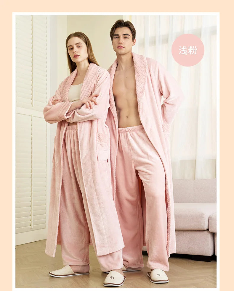 Autumn Winter Couple Sleepwear Home Clothing Thicken Flannel Long Robe Pajama Set Kimono Gown Bathrobe Coral Fleece Loingewear
