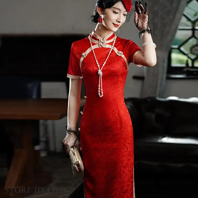Classic Tradition China Qipao Big Size Chinese Dress Women Elegant Long Cheongsam Sexy Jacquard Vestidos Evening Party Dress 3XL