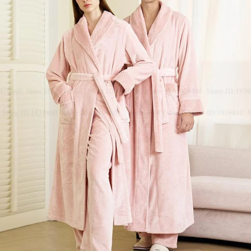 Autumn Winter Couple Sleepwear Home Clothing Thicken Flannel Long Robe Pajama Set Kimono Gown Bathrobe Coral Fleece Loingewear
