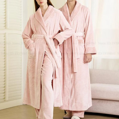 Autumn Winter Couple Sleepwear Home Clothing Thicken Flannel Long Robe Pajama Set Kimono Gown Bathrobe Coral Fleece Loingewear