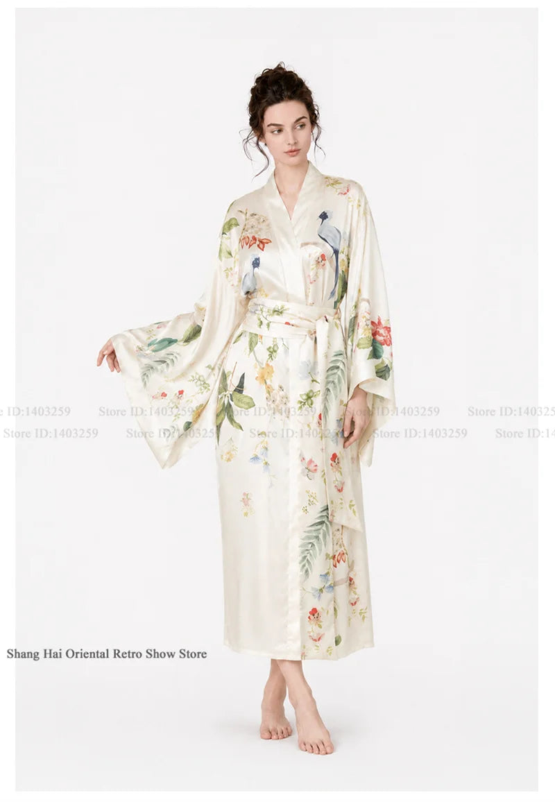 Print Flower Female Long Robe Big Sleeve Kimono Bathrobe Gown Spring Summer Silk Satin Sleepwear Night Dress Loose Homewear