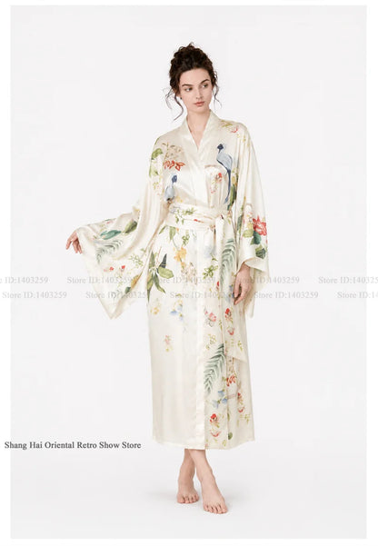 Print Flower Female Long Robe Big Sleeve Kimono Bathrobe Gown Spring Summer Silk Satin Sleepwear Night Dress Loose Homewear