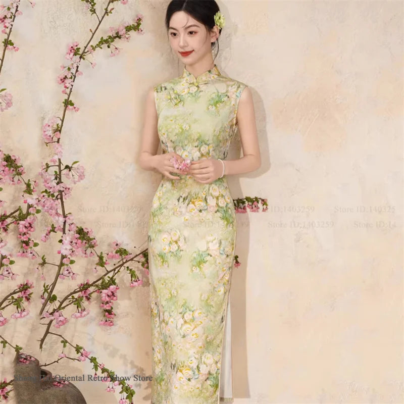 New Chinese Style Satin Cheongsam Traditional Clothing Retro Elegant Print Floral Women Long Qipao Chinese Dress Sexy Vestidos