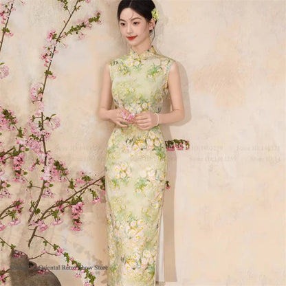 New Chinese Style Satin Cheongsam Traditional Clothing Retro Elegant Print Floral Women Long Qipao Chinese Dress Sexy Vestidos