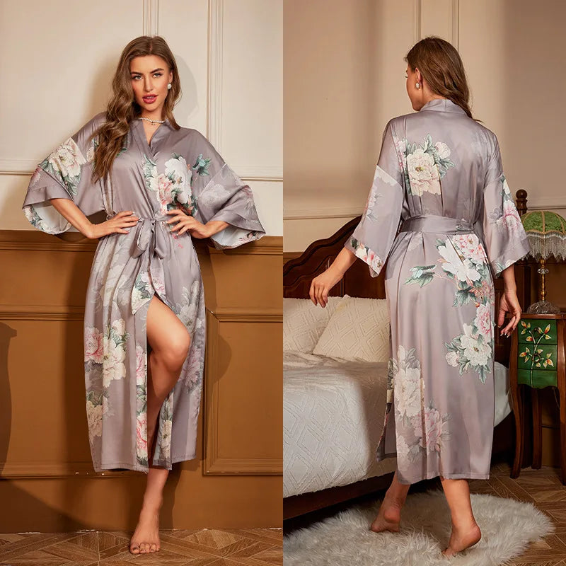 Female Long Robe Chinese Style Print Flower Sleepwear Nightgown Half Sleeve Kimono Bathrobe Gown Loose Casual Satin Home Wear