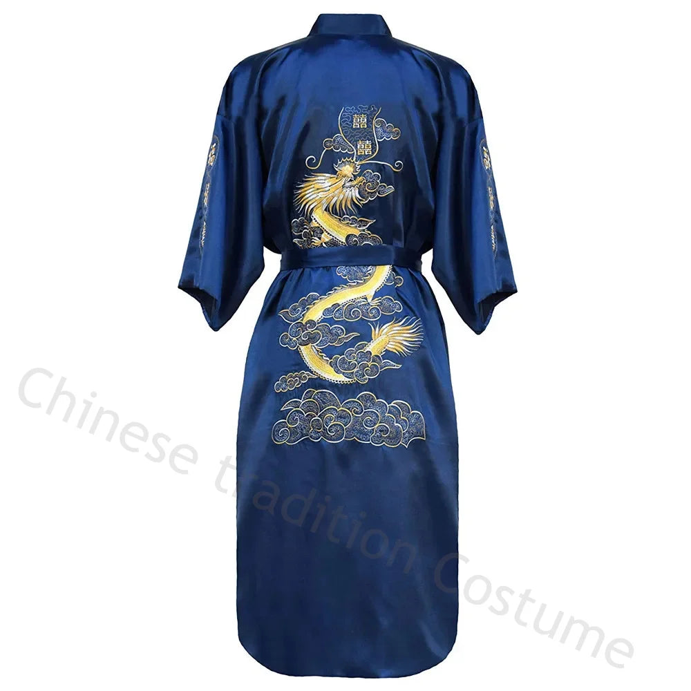 Embroider Dragon Kimono Bathrobe Gown Chinese Style Robe Classical Man Homewear Long Satin Nightgown Loose Sleepwear Loungewear