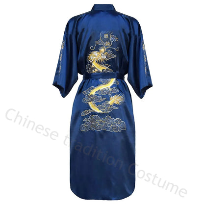 Embroider Dragon Kimono Bathrobe Gown Chinese Style Robe Classical Man Homewear Long Satin Nightgown Loose Sleepwear Loungewear