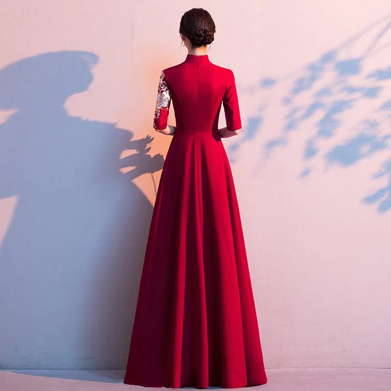 Plus Size 3XL Chinese Style Evening Party Dress Lady Qipao Burgundy Embroidery Applique Cheongsam Banquet Dress Elegant Vestidos