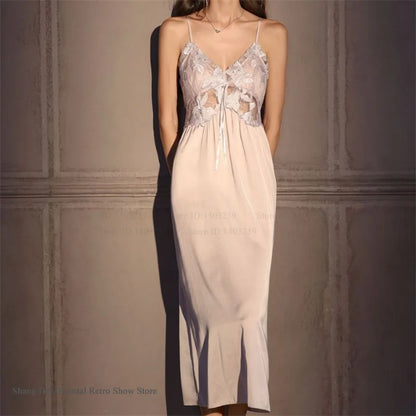 Elegant Female Long Robe Set Nightgown Silky Ice Silk Sleepwear Homewear SEXY Hollow Out Lace Nightdress Lingerie Loungewear
