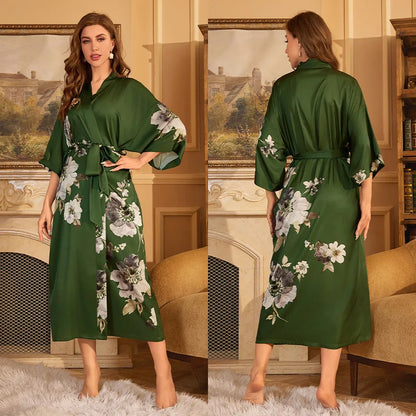 Female Long Robe Chinese Style Print Flower Sleepwear Nightgown Half Sleeve Kimono Bathrobe Gown Loose Casual Satin Home Wear
