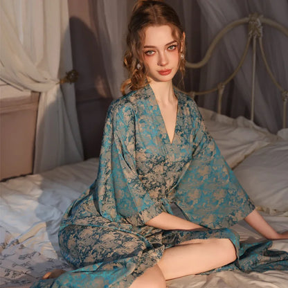 Luxury Jacquard Long Robe Nightgown Women Half Sleeve Kimono Bathrobe Gown Satin Ice Silk Sleepwear Sexy Home Dress Lounge Wear