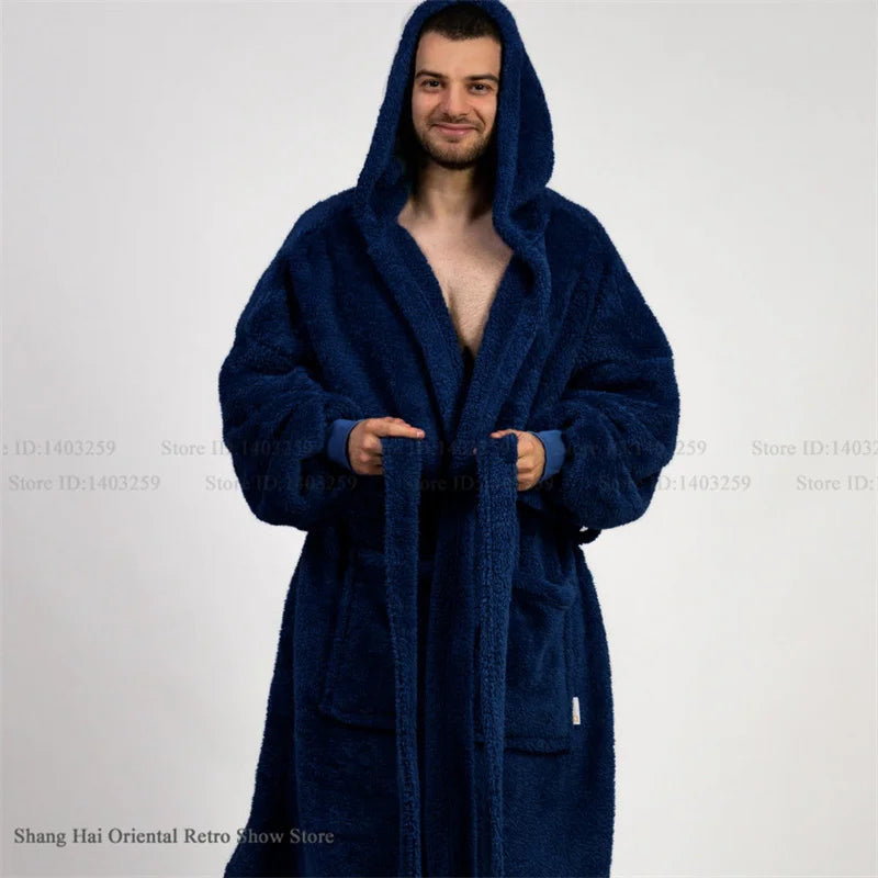 Thicken Coral Fleece Mens Hooded Long Robe Sleepwear Autumn Winter New Nightwear Homewear Loose Casual Flannel Loungewear Pajama