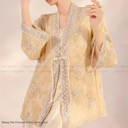 Chinese Style Tang Clothes Qipao Tops Sequin Embroidery Hanfu Cardigan Vintage V-Neck Women Jacket Elegant Spring Summer Outwear