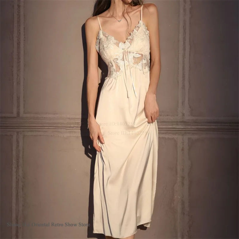 Elegant Female Long Robe Set Nightgown Silky Ice Silk Sleepwear Homewear SEXY Hollow Out Lace Nightdress Lingerie Loungewear