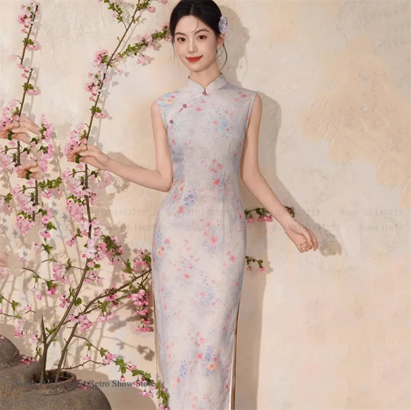 New Chinese Style Satin Cheongsam Traditional Clothing Retro Elegant Print Floral Women Long Qipao Chinese Dress Sexy Vestidos