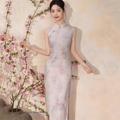 New Chinese Style Satin Cheongsam Traditional Clothing Retro Elegant Print Floral Women Long Qipao Chinese Dress Sexy Vestidos