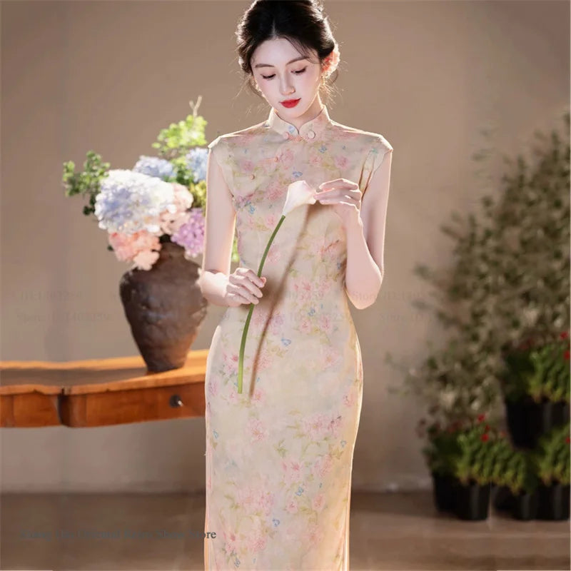 New Chinese Style Satin Cheongsam Traditional Clothing Retro Elegant Print Floral Women Long Qipao Chinese Dress Sexy Vestidos