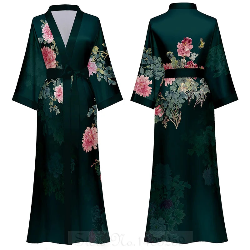 Female Long Robe Chinese Style Print Flower Sleepwear Nightgown Half Sleeve Kimono Bathrobe Gown Loose Casual Satin Home Wear