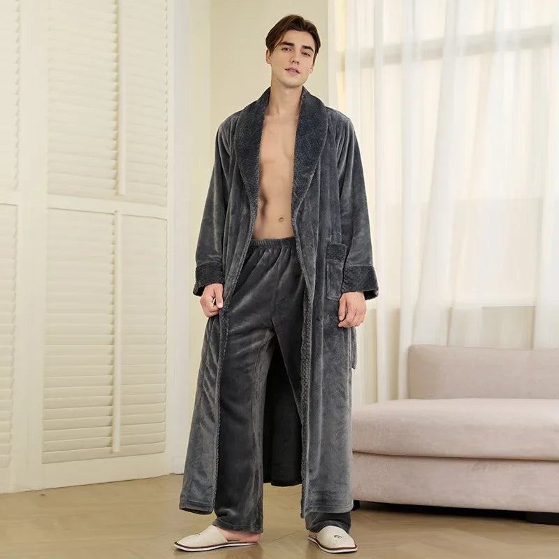 Autumn Winter Couple Sleepwear Home Clothing Thicken Flannel Long Robe Pajama Set Kimono Gown Bathrobe Coral Fleece Loingewear