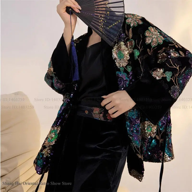 Luxury High-Quality Tang Clothes Jacket Traditional Chinese Qipao Top Hanfu Cardigan Retro Sequin Women's Coat Trendy Outwear
