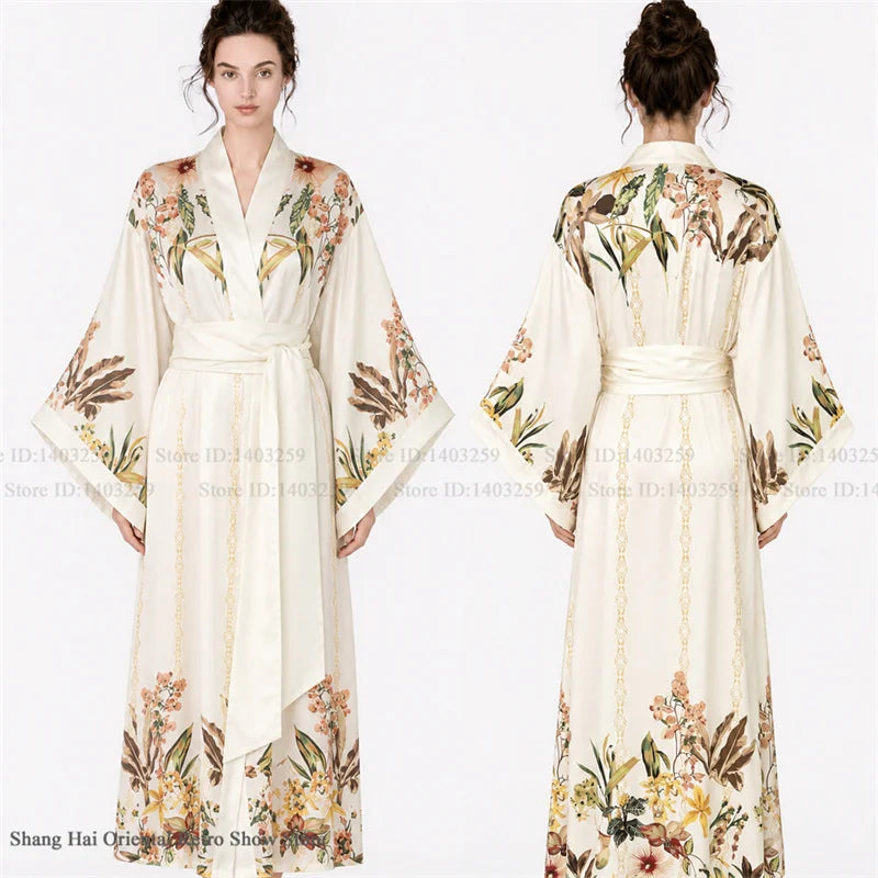 Print Flower Female Long Robe Big Sleeve Kimono Bathrobe Gown Spring Summer Silk Satin Sleepwear Night Dress Loose Homewear