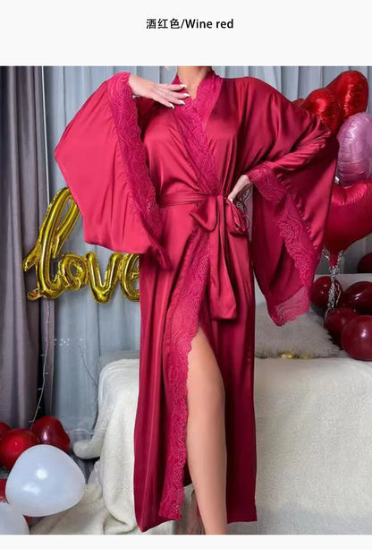 Sexy Lace Kimono Bathrobe Gown Ice Silk Women Long Robe Dress Nightgown Spring New Sleepwear Nightwear Loose Homewear Loungewear