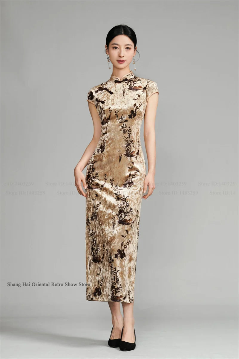 Oversize Velour Chinese Cheongsam Sexy Sleeveless Split Chinese Dress Traditional Costume Vintage Classic Mandarin Collar Qipao
