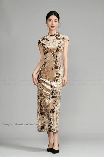 Oversize Velour Chinese Cheongsam Sexy Sleeveless Split Chinese Dress Traditional Costume Vintage Classic Mandarin Collar Qipao