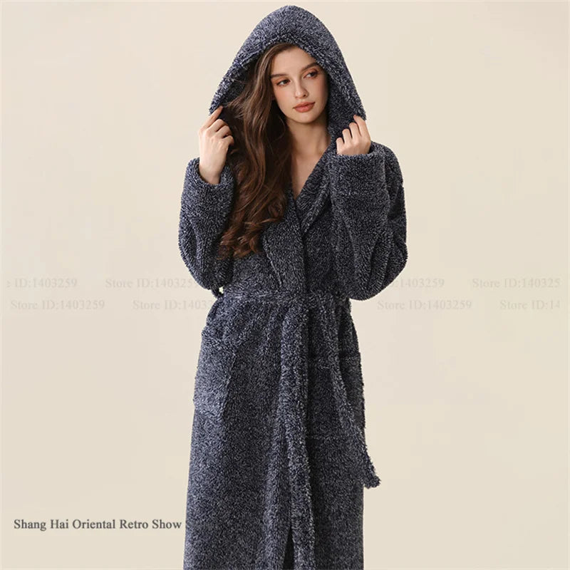 Thick Coral Fleece Coupe Hooded Bathrobe Sleepwear Autumn Winter Warm Long Robe Home Clothing Casual Flannel Loungewear Pajama