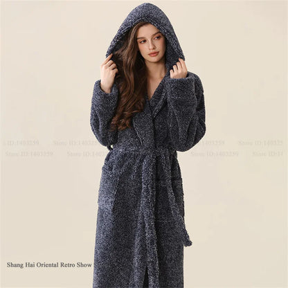 Thick Coral Fleece Coupe Hooded Bathrobe Sleepwear Autumn Winter Warm Long Robe Home Clothing Casual Flannel Loungewear Pajama