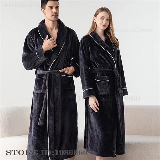 Autumn Winter Women's Sleepwear Thicken Flannel Couple Long Robe Kimono Bathrobe Gown Loungewear Loose Coral Fleece Home Wear