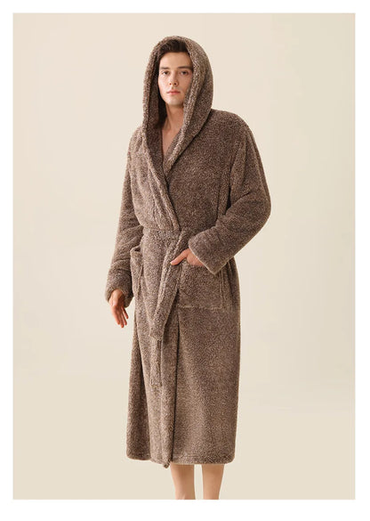 Thick Coral Fleece Coupe Hooded Bathrobe Sleepwear Autumn Winter Warm Long Robe Home Clothing Casual Flannel Loungewear Pajama