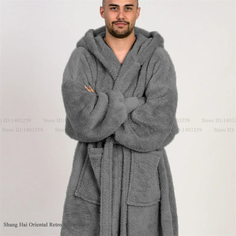 Thicken Coral Fleece Mens Hooded Long Robe Sleepwear Autumn Winter New Nightwear Homewear Loose Casual Flannel Loungewear Pajama