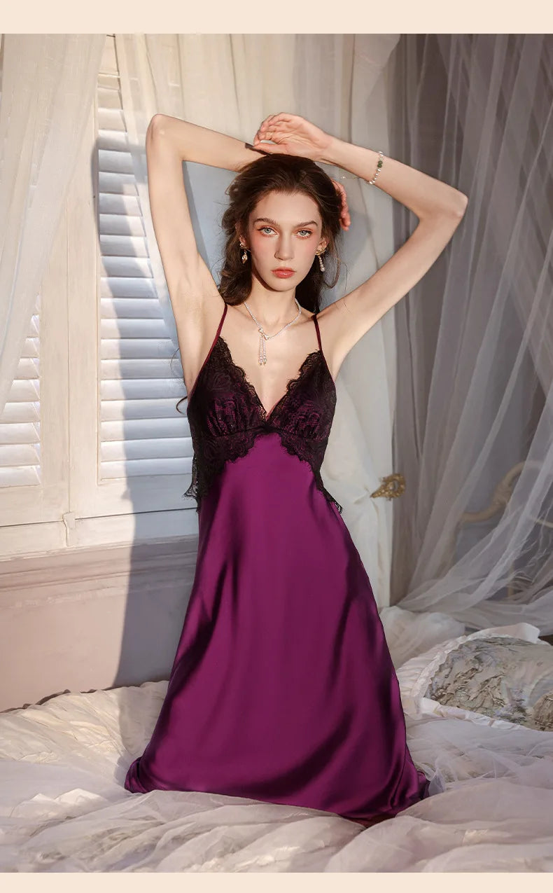Sexy Female Long Robe Nightgown Set Kimono Bathrobe Gown Patchwork Lace Suspender Night Dress Sleepwear Loose Satin Homewear