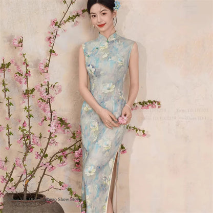 New Chinese Style Satin Cheongsam Traditional Clothing Retro Elegant Print Floral Women Long Qipao Chinese Dress Sexy Vestidos