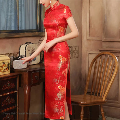 Traditional Satin Long Green Cheongsam Vintage Chinse Style Women's Vestido Dress Summer Jacquard Short Sleeve Qipao Asian Dress