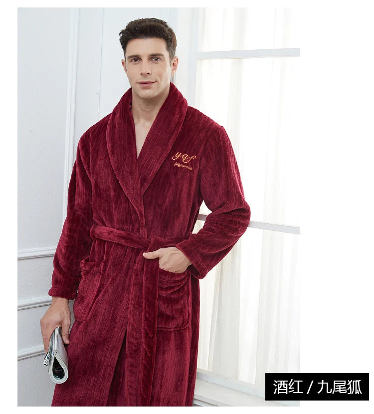 Winter Autumn Thicken Lapel Kimono Shower Robe Men's Warm Flannel Bathrobe Sleepwear with Pocket Loungewear Plus Size 3Xl 4Xl